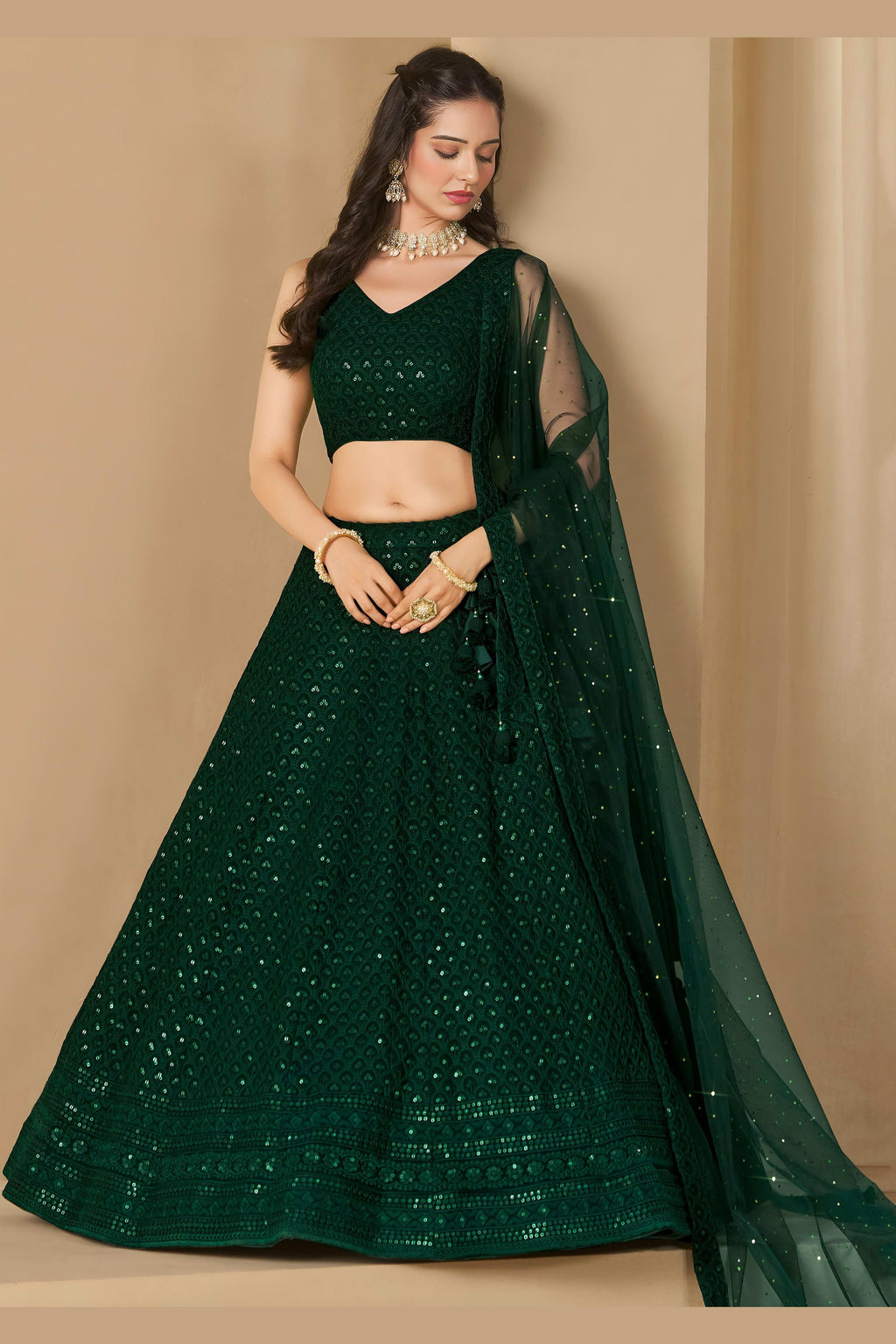 Dark Green Georgette Lehenga Choli For Indian & Pakistani Wedding Festival - Sequins & Thread Embroidery Work