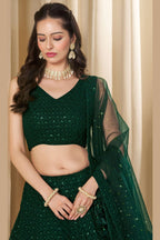 Dark Green Georgette Lehenga Choli For Indian & Pakistani Wedding Festival - Sequins & Thread Embroidery Work