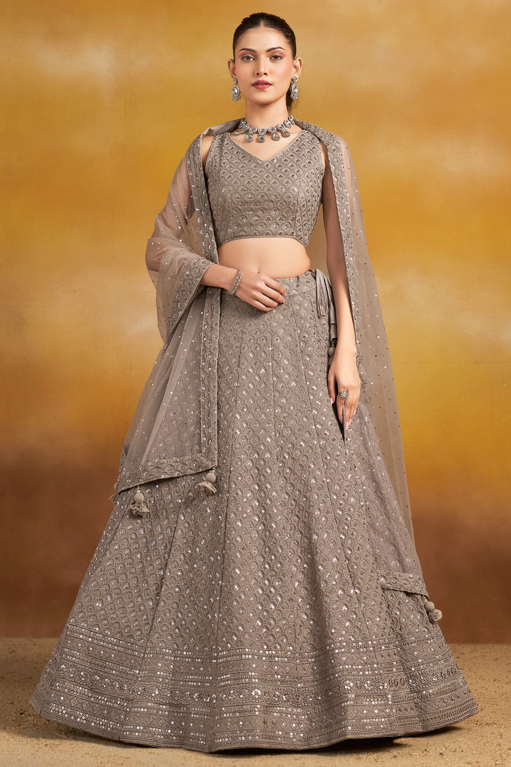 Grey Georgette Lehenga Choli For Indian & Pakistani Wedding Festival - Sequins & Thread Embroidery Work
