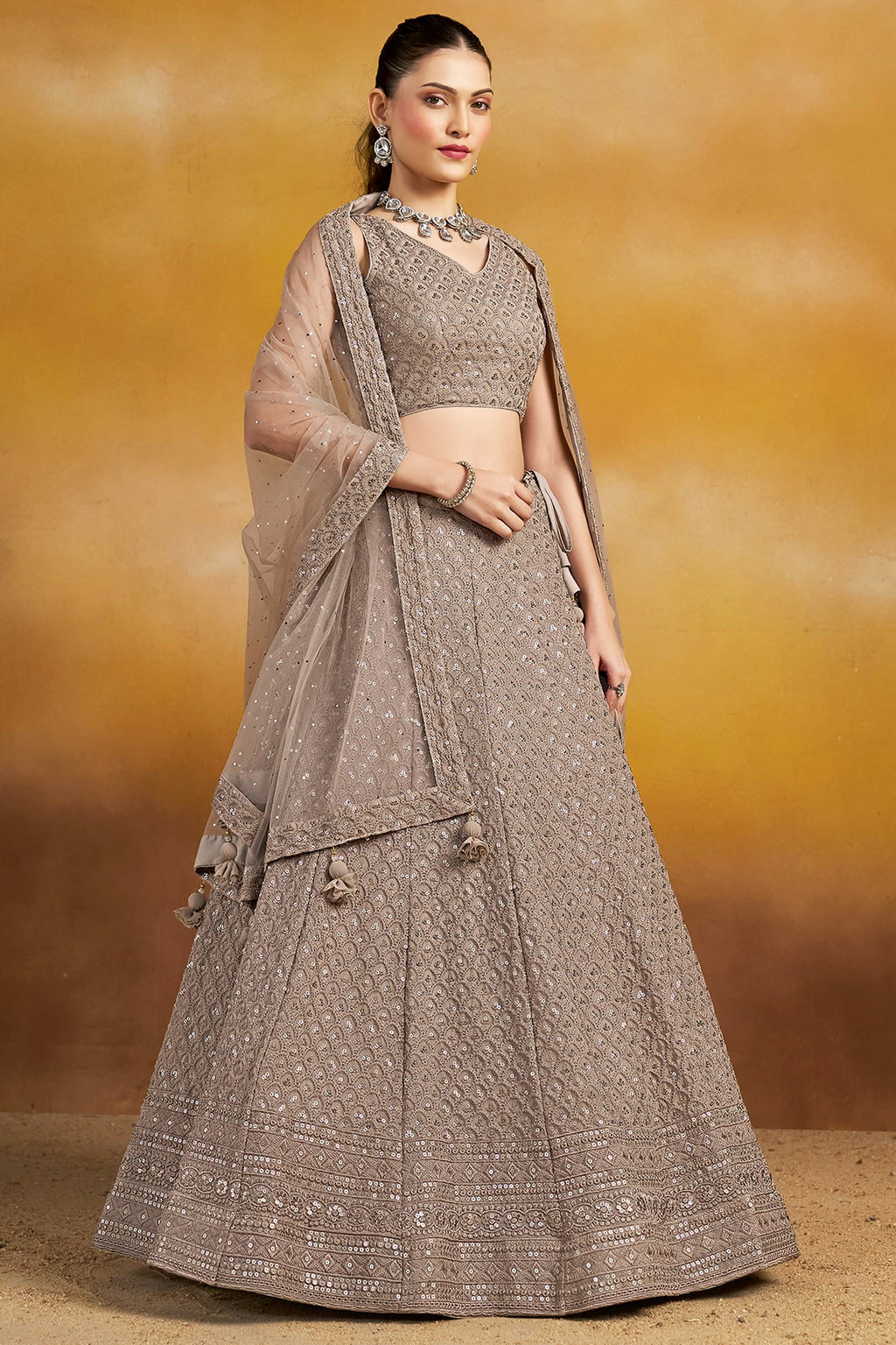 Grey Georgette Lehenga Choli For Indian & Pakistani Wedding Festival - Sequins & Thread Embroidery Work