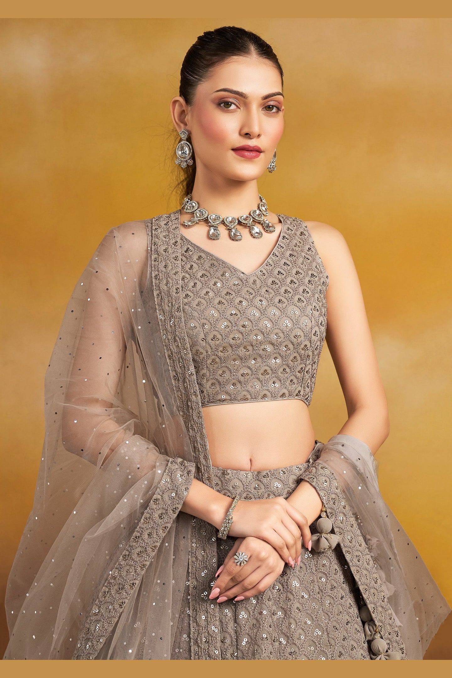 Grey Georgette Lehenga Choli For Indian & Pakistani Wedding Festival - Sequins & Thread Embroidery Work