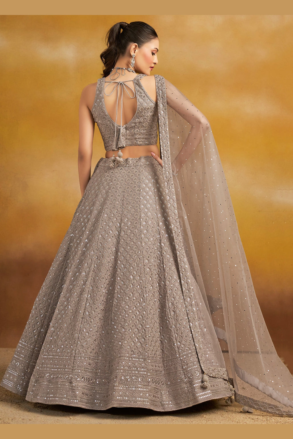 Grey Georgette Lehenga Choli For Indian & Pakistani Wedding Festival - Sequins & Thread Embroidery Work