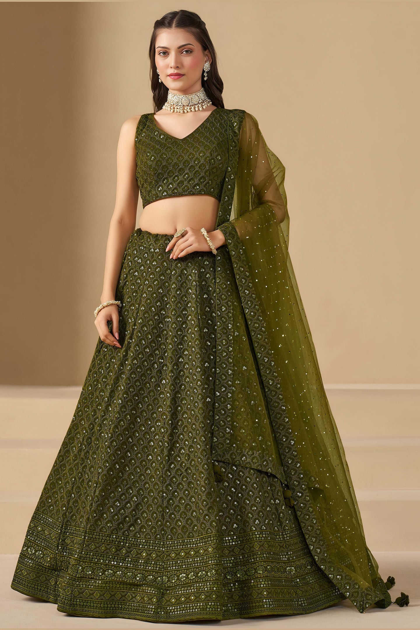 Olive Green Georgette Lehenga Choli For Indian & Pakistani Wedding Festival - Sequins & Thread Embroidery Work