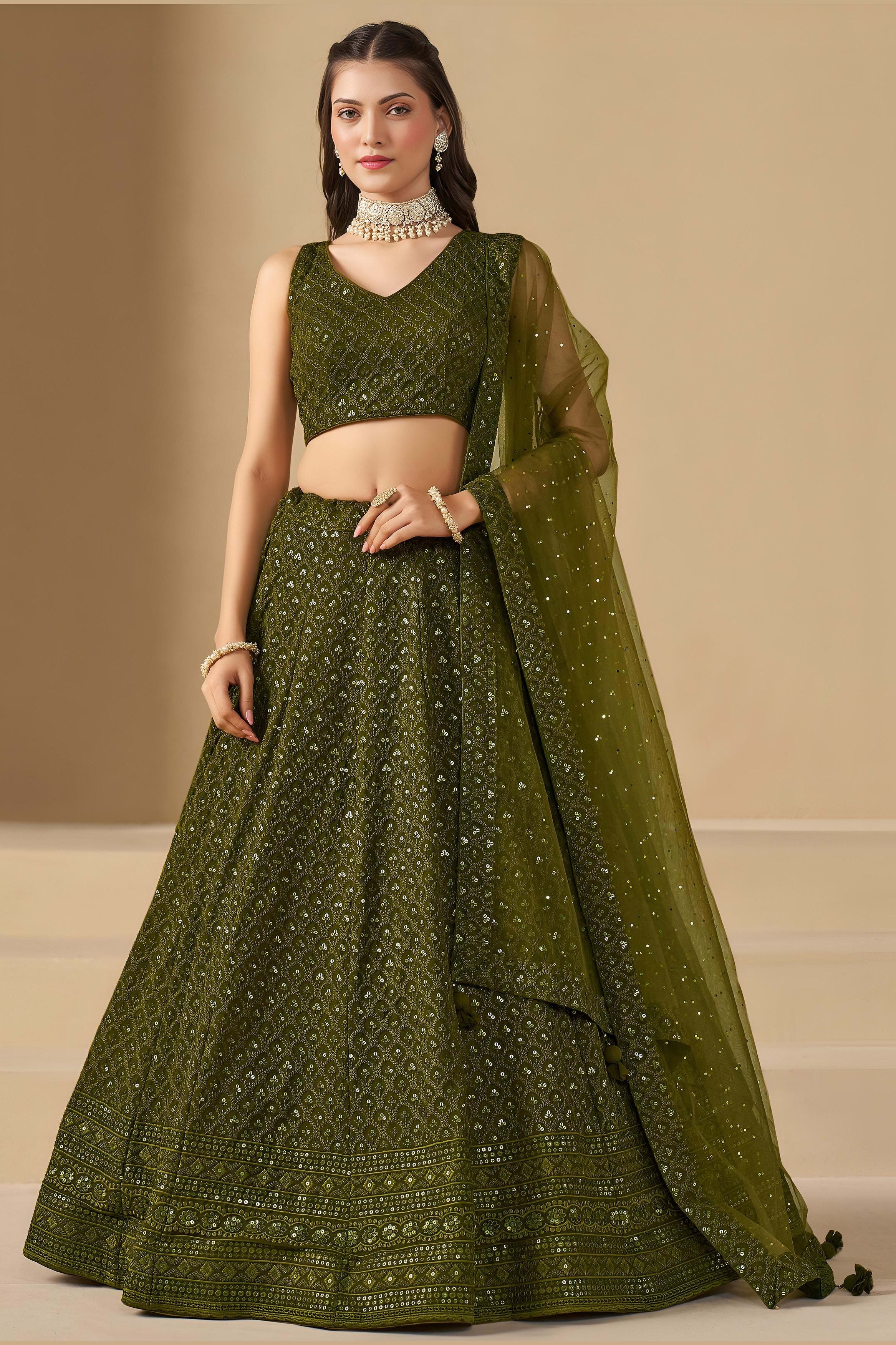 Olive Green Georgette Lehenga Choli For Indian & Pakistani Wedding Festival - Sequins & Thread Embroidery Work