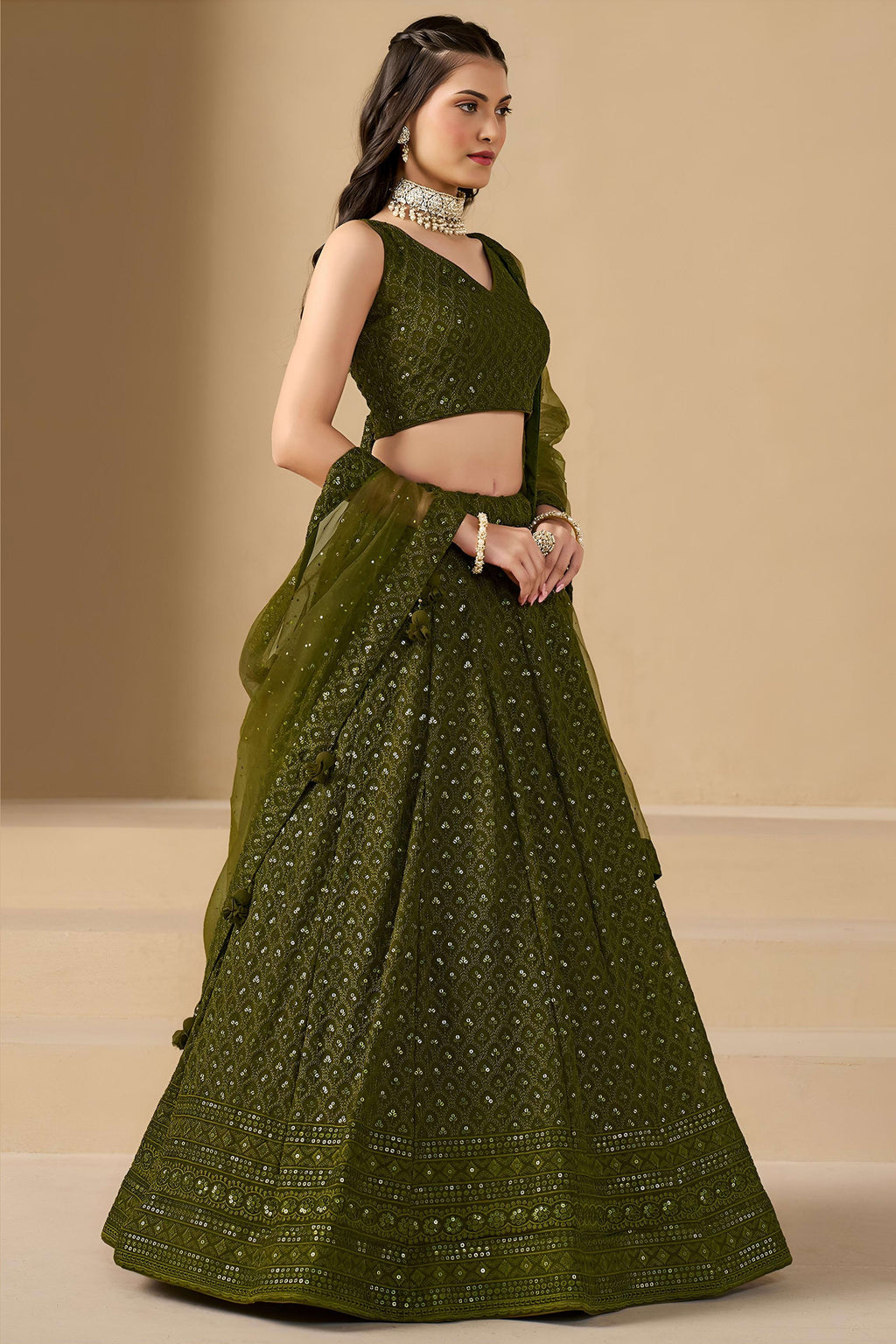 Olive Green Georgette Lehenga Choli For Indian & Pakistani Wedding Festival - Sequins & Thread Embroidery Work