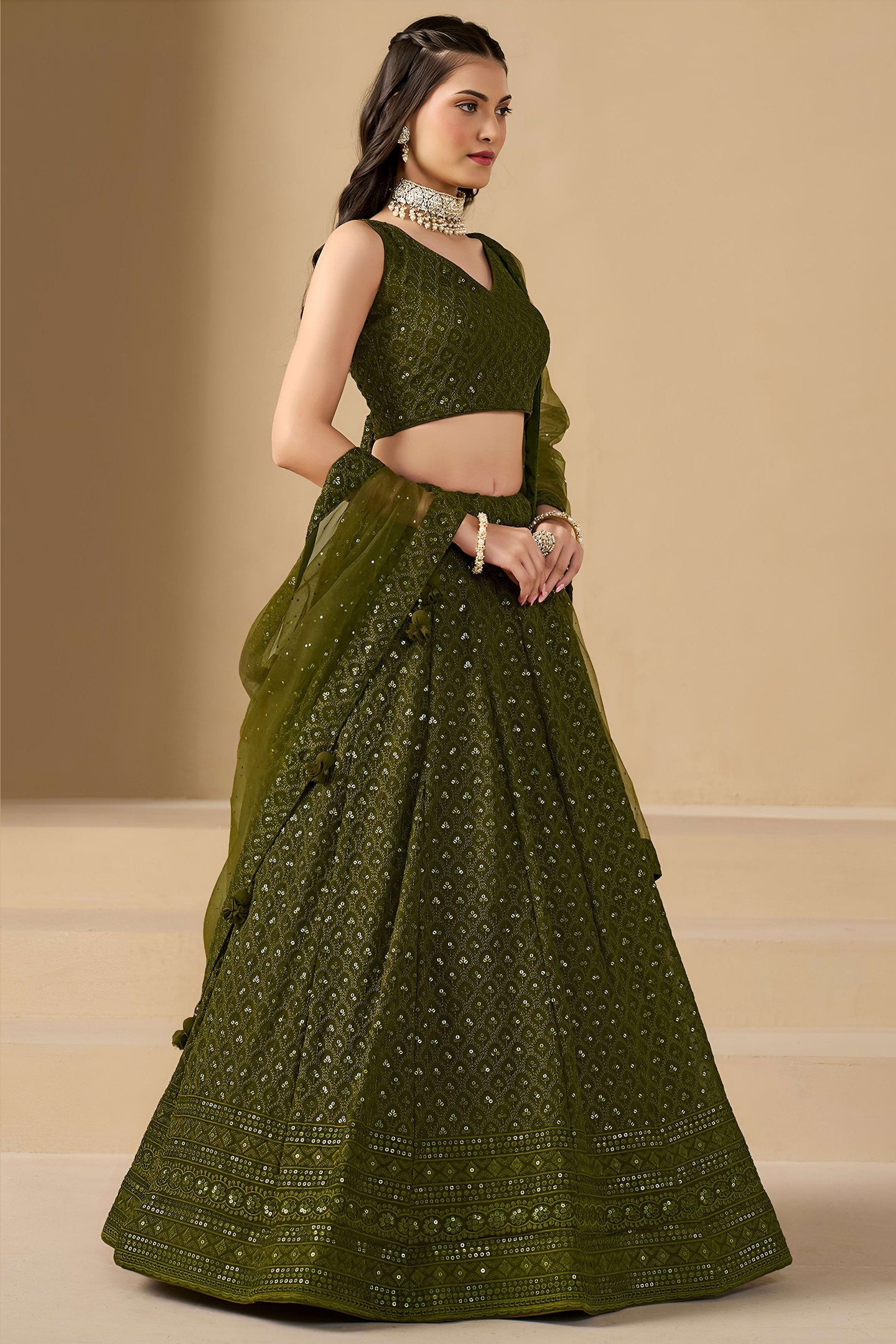 Olive Green Georgette Lehenga Choli For Indian & Pakistani Wedding Festival - Sequins & Thread Embroidery Work
