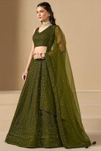 Olive Green Georgette Lehenga Choli For Indian & Pakistani Wedding Festival - Sequins & Thread Embroidery Work