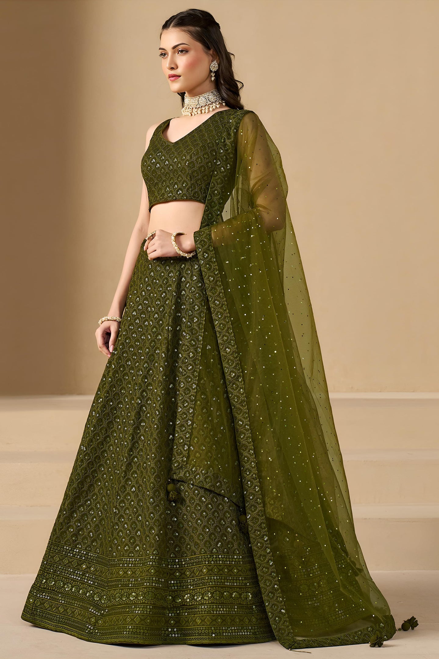 Olive Green Georgette Lehenga Choli For Indian & Pakistani Wedding Festival - Sequins & Thread Embroidery Work