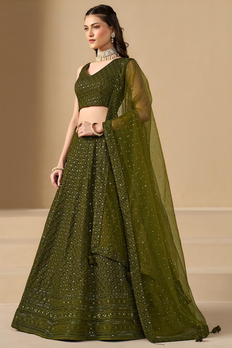 Olive Green Georgette Lehenga Choli For Indian & Pakistani Wedding Festival - Sequins & Thread Embroidery Work