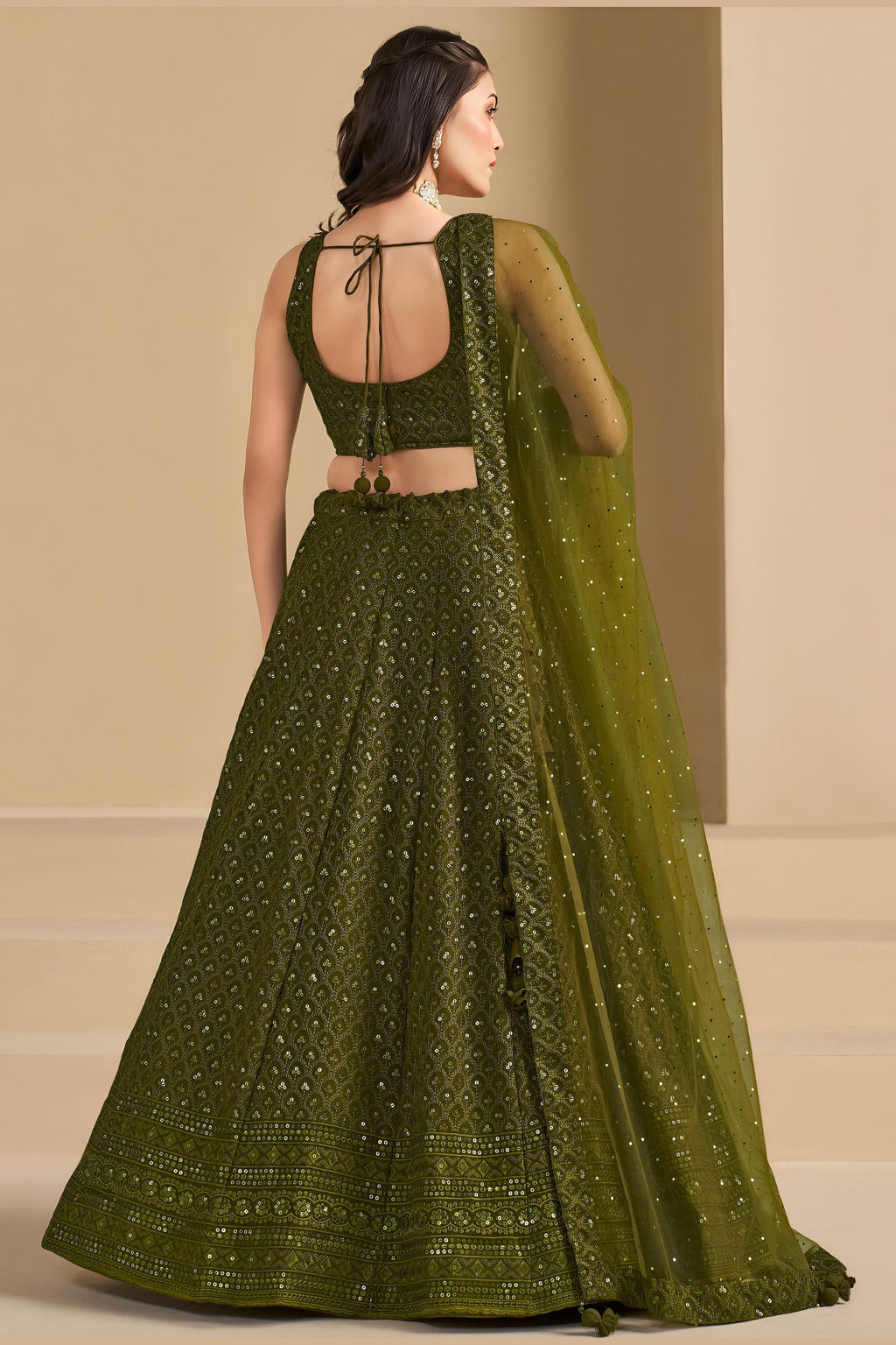 Olive Green Georgette Lehenga Choli For Indian & Pakistani Wedding Festival - Sequins & Thread Embroidery Work