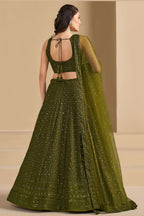 Olive Green Georgette Lehenga Choli For Indian & Pakistani Wedding Festival - Sequins & Thread Embroidery Work