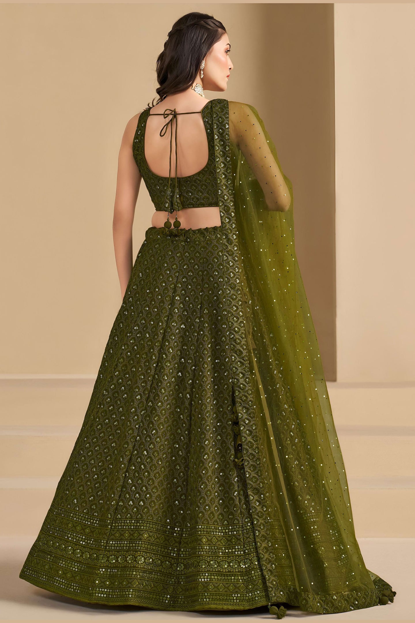 Olive Green Georgette Lehenga Choli For Indian & Pakistani Wedding Festival - Sequins & Thread Embroidery Work