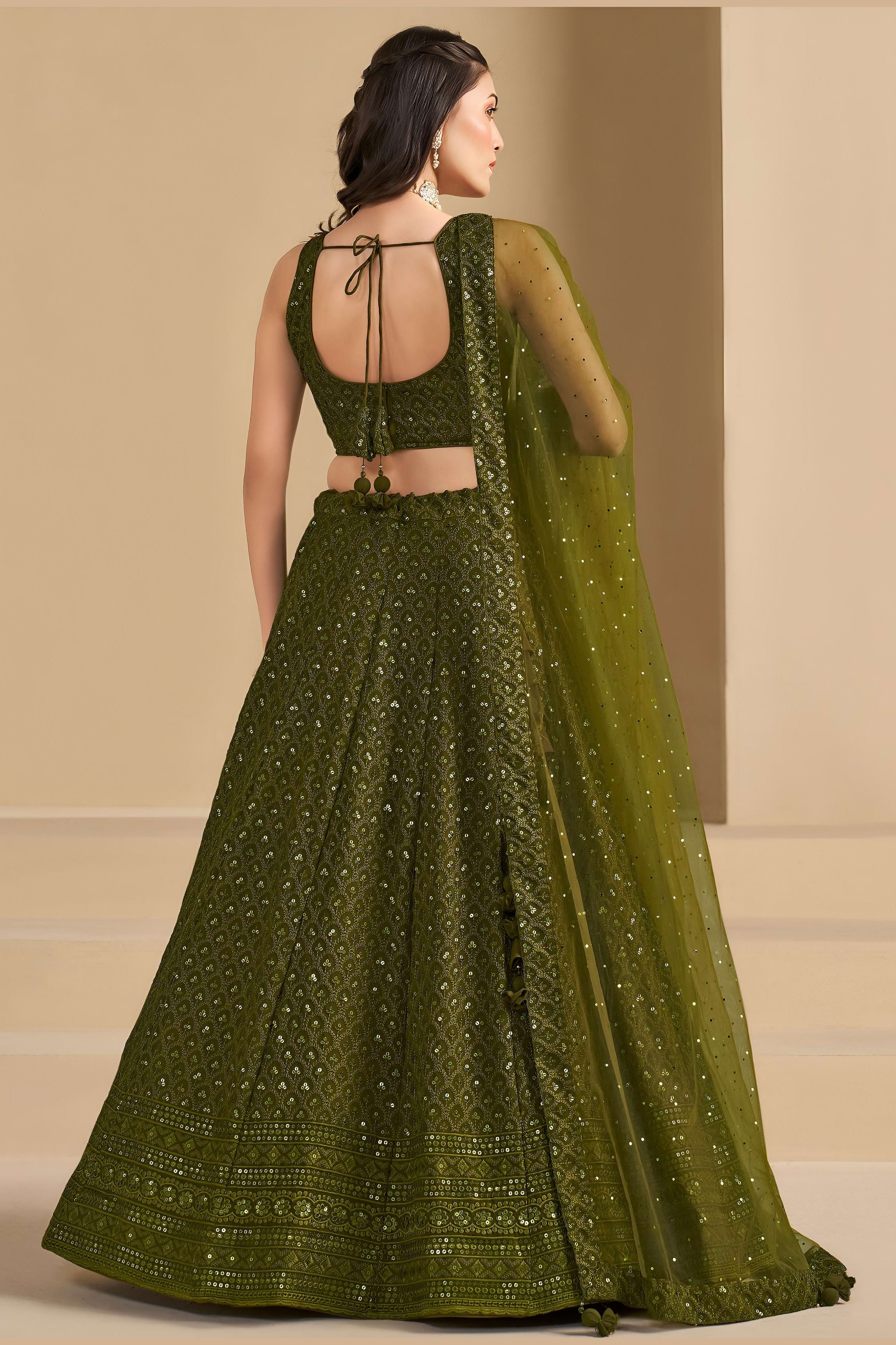 Olive Green Georgette Lehenga Choli For Indian & Pakistani Wedding Festival - Sequins & Thread Embroidery Work
