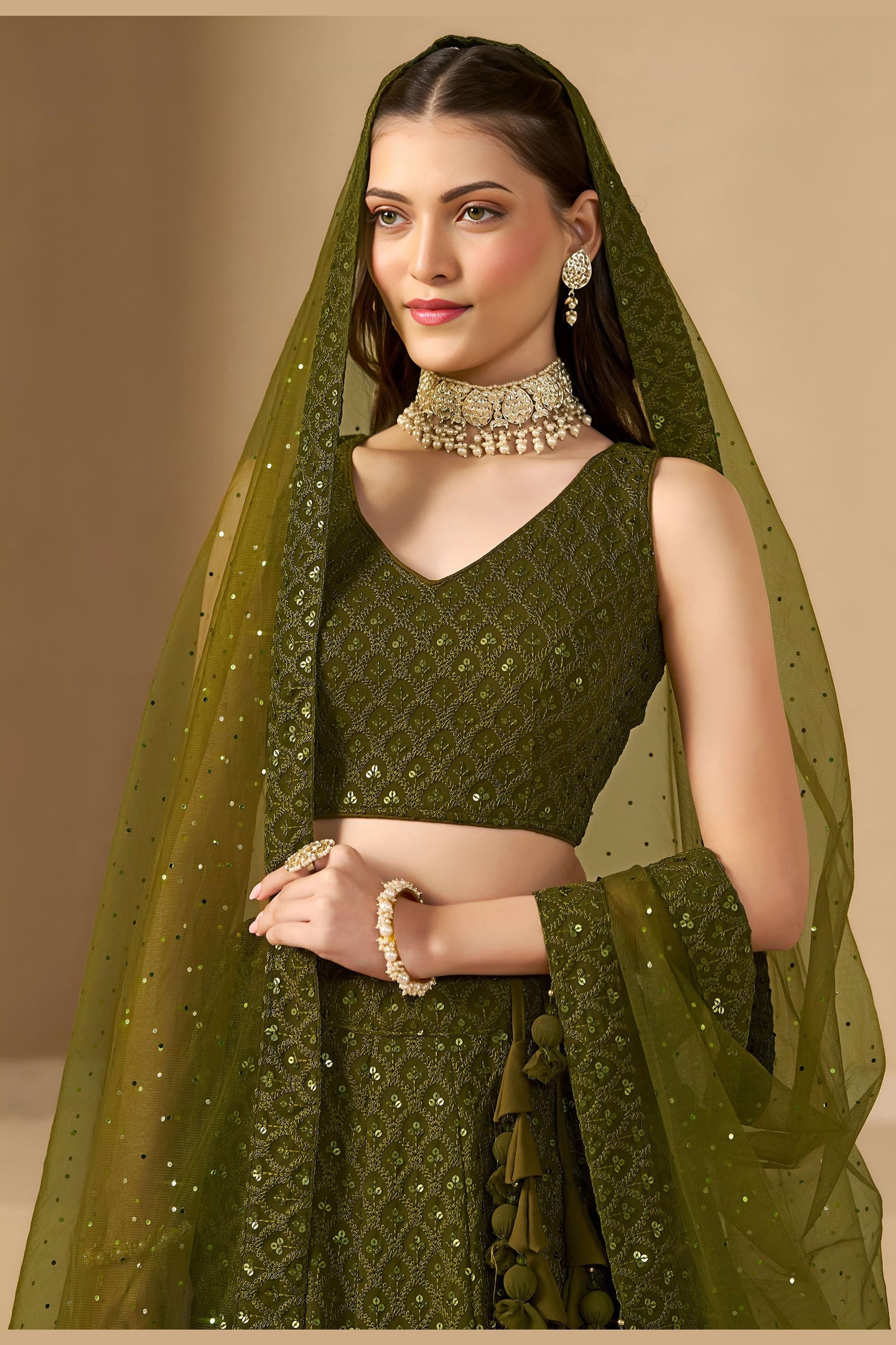 Olive Green Georgette Lehenga Choli For Indian & Pakistani Wedding Festival - Sequins & Thread Embroidery Work