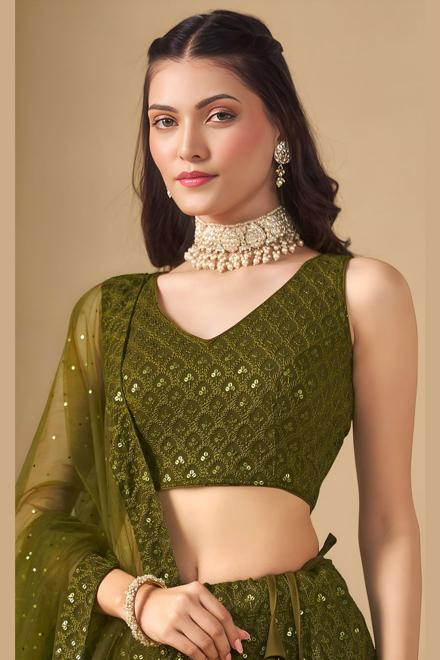 Olive Green Georgette Lehenga Choli For Indian & Pakistani Wedding Festival - Sequins & Thread Embroidery Work