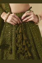 Olive Green Georgette Lehenga Choli For Indian & Pakistani Wedding Festival - Sequins & Thread Embroidery Work
