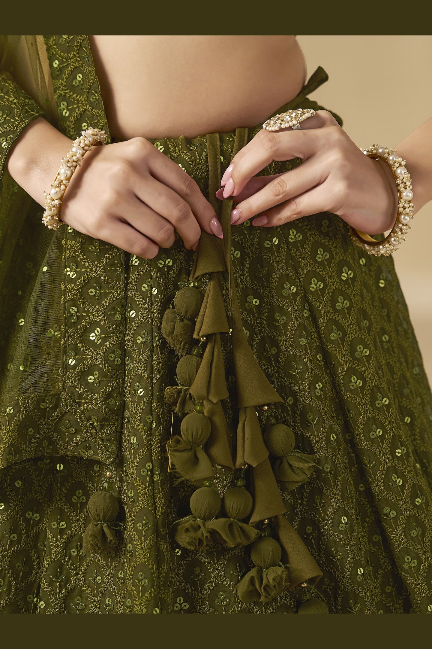 Olive Green Georgette Lehenga Choli For Indian & Pakistani Wedding Festival - Sequins & Thread Embroidery Work