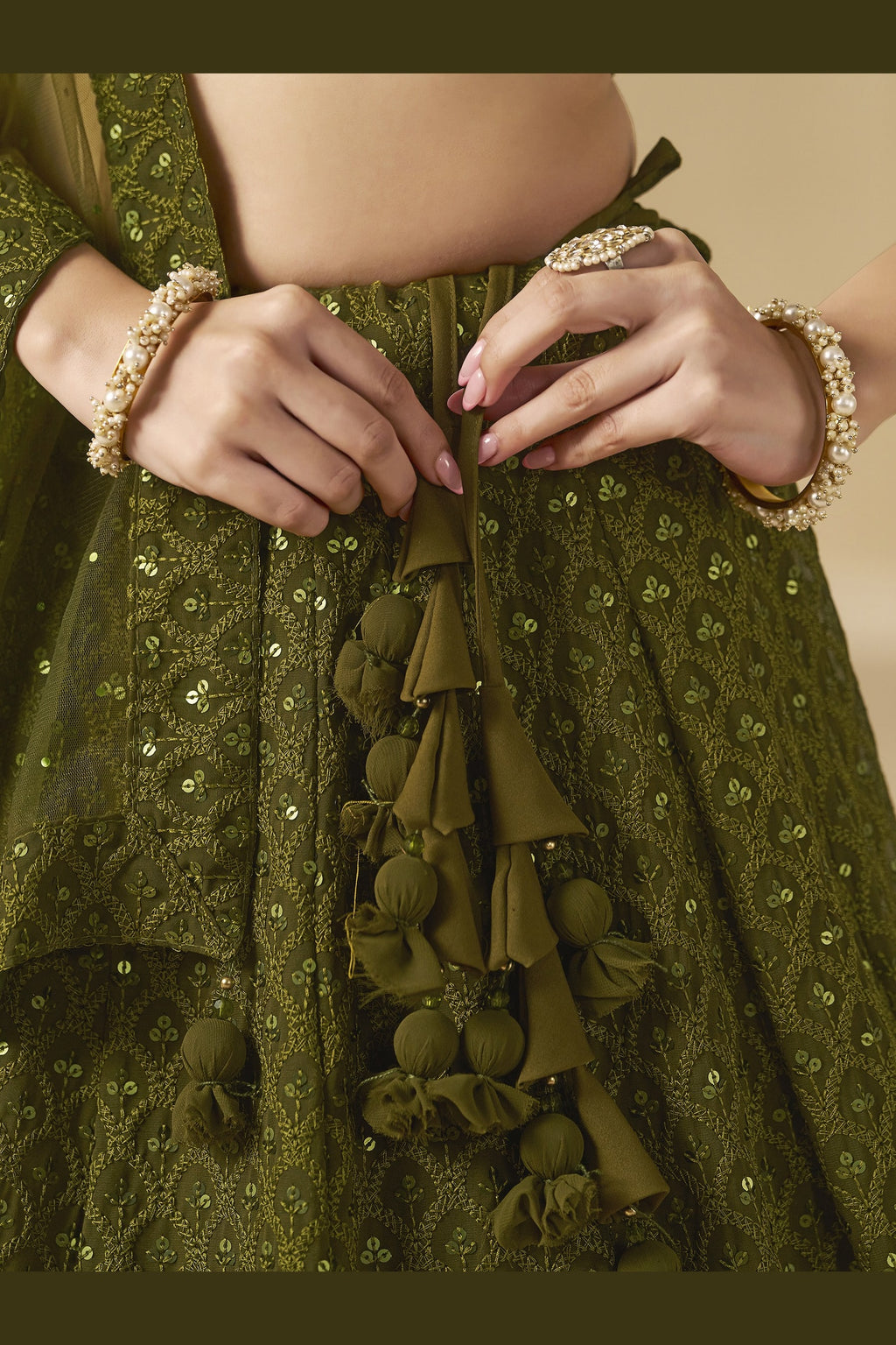 Olive Green Georgette Lehenga Choli For Indian & Pakistani Wedding Festival - Sequins & Thread Embroidery Work