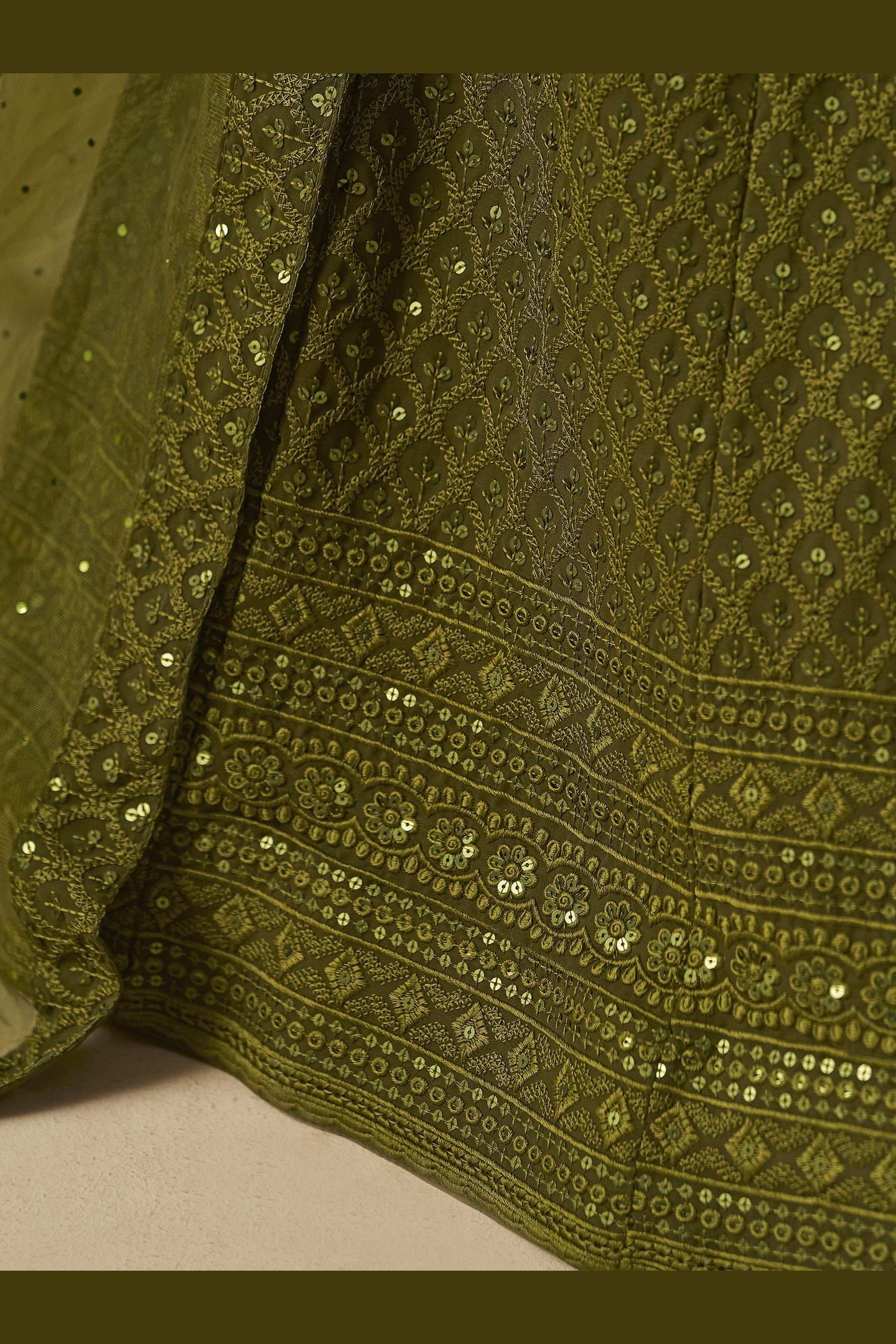 Olive Green Georgette Lehenga Choli For Indian & Pakistani Wedding Festival - Sequins & Thread Embroidery Work