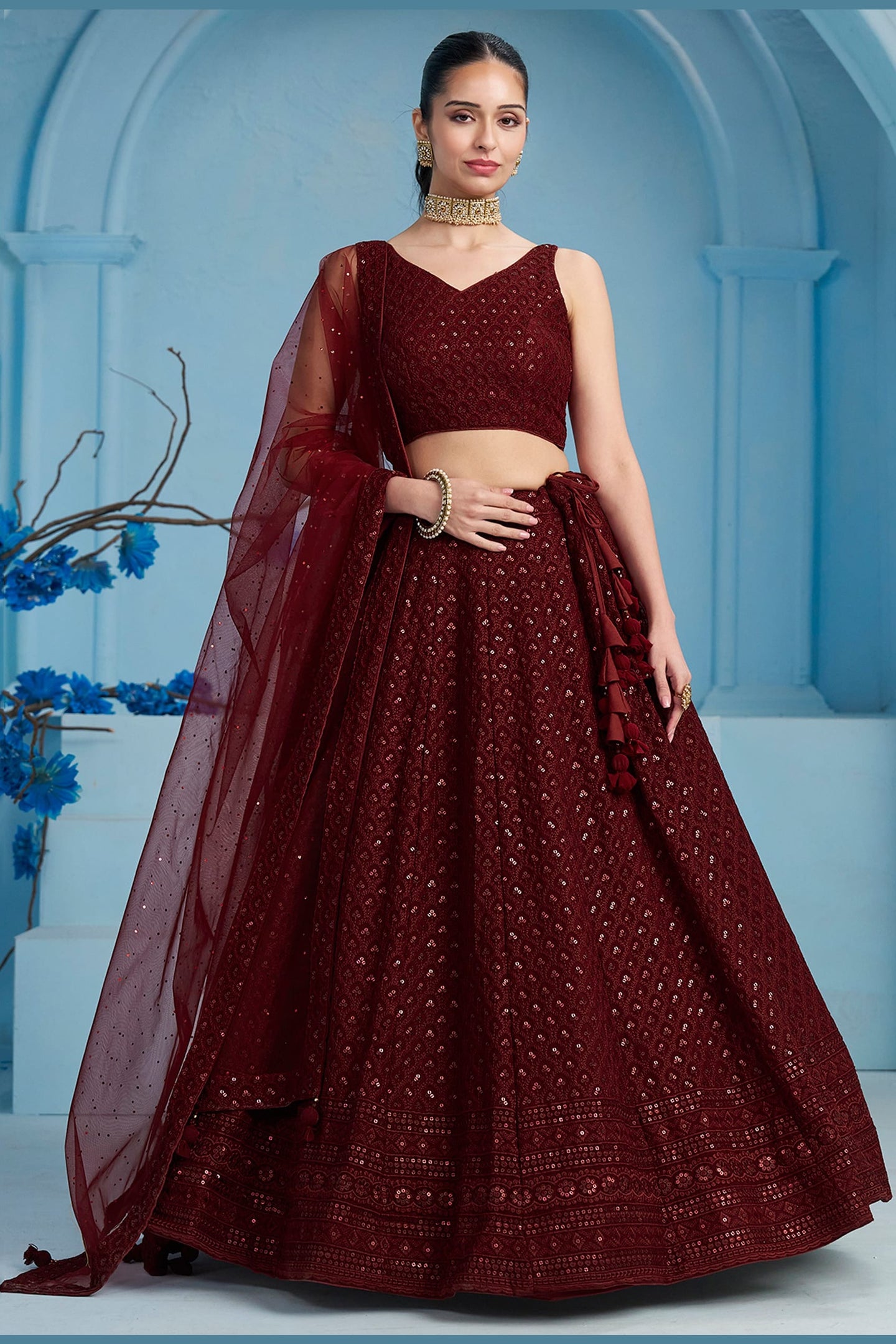 Maroon Georgette Lehenga Choli For Indian & Pakistani Wedding Festival - Sequins & Thread Embroidery Work