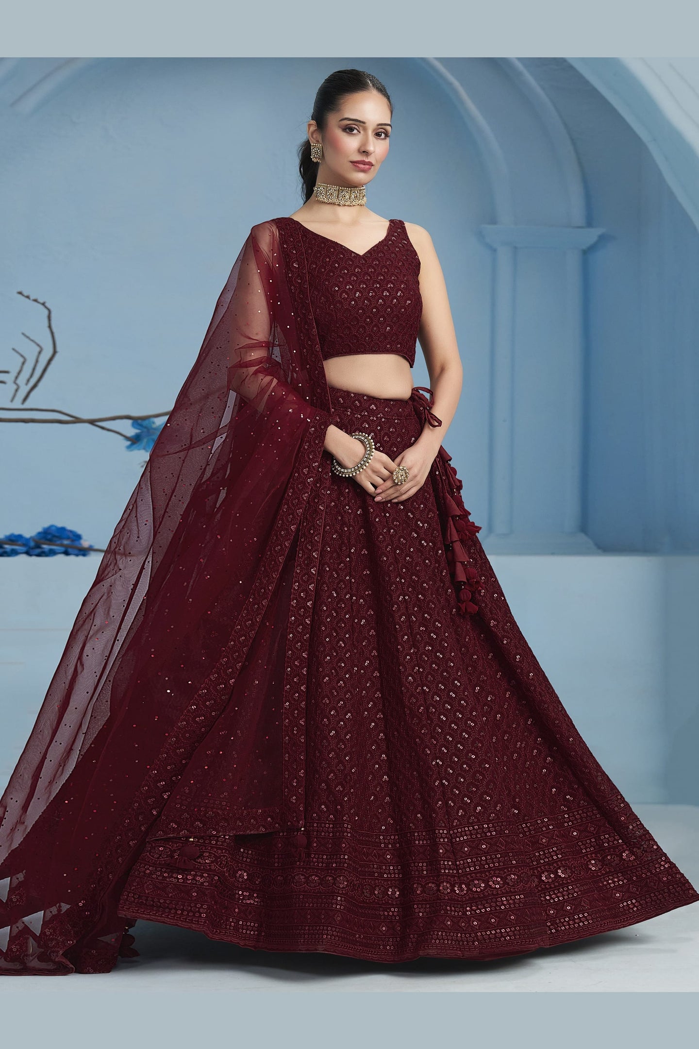 Maroon Georgette Lehenga Choli For Indian & Pakistani Wedding Festival - Sequins & Thread Embroidery Work