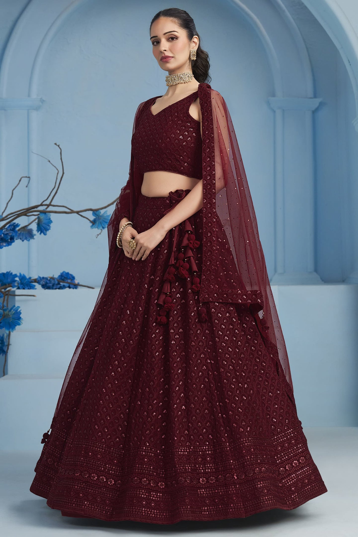 Maroon Georgette Lehenga Choli For Indian & Pakistani Wedding Festival - Sequins & Thread Embroidery Work