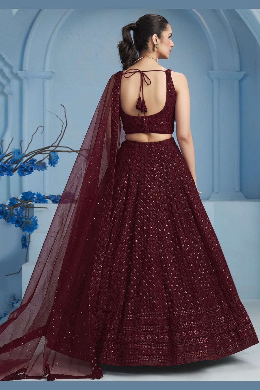 Maroon Georgette Lehenga Choli For Indian & Pakistani Wedding Festival - Sequins & Thread Embroidery Work