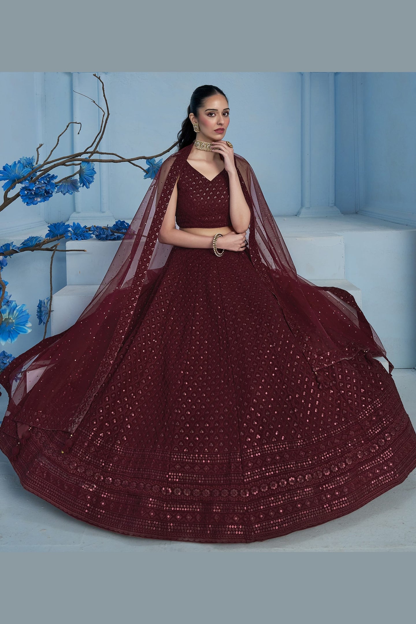 Maroon Georgette Lehenga Choli For Indian & Pakistani Wedding Festival - Sequins & Thread Embroidery Work