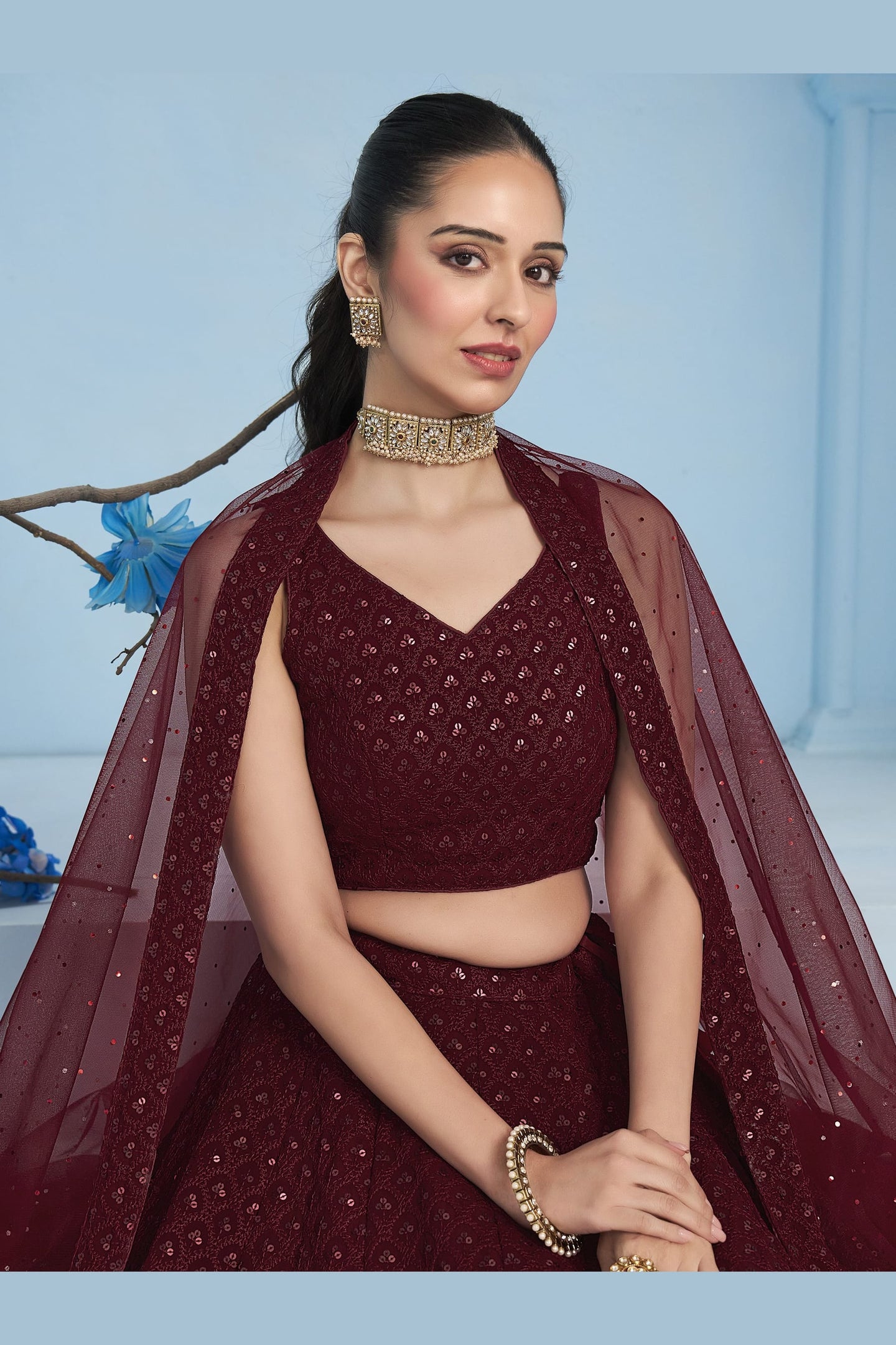 Maroon Georgette Lehenga Choli For Indian & Pakistani Wedding Festival - Sequins & Thread Embroidery Work