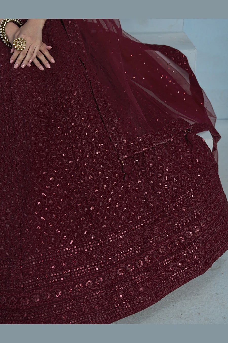 Maroon Georgette Lehenga Choli For Indian & Pakistani Wedding Festival - Sequins & Thread Embroidery Work