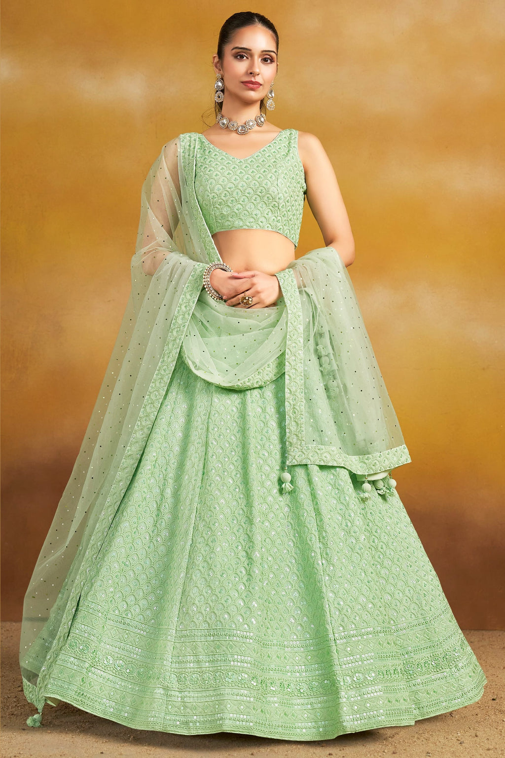 Mint Green Georgette Lehenga Choli For Indian & Pakistani Wedding Festival - Sequins & Thread Embroidery Work 32 Mint Green Georgette Lehenga Choli For Indian & Pakistani Wedding Festival - Sequins & Thread Embroidery Work 32