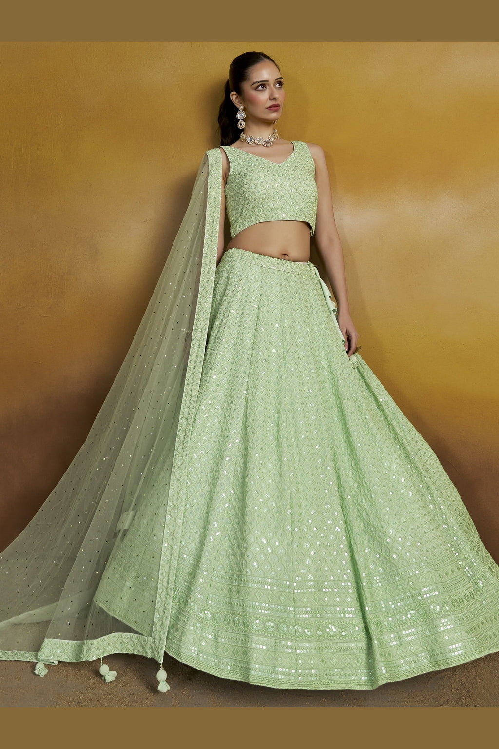 Mint Green Georgette Lehenga Choli For Indian & Pakistani Wedding Festival - Sequins & Thread Embroidery Work