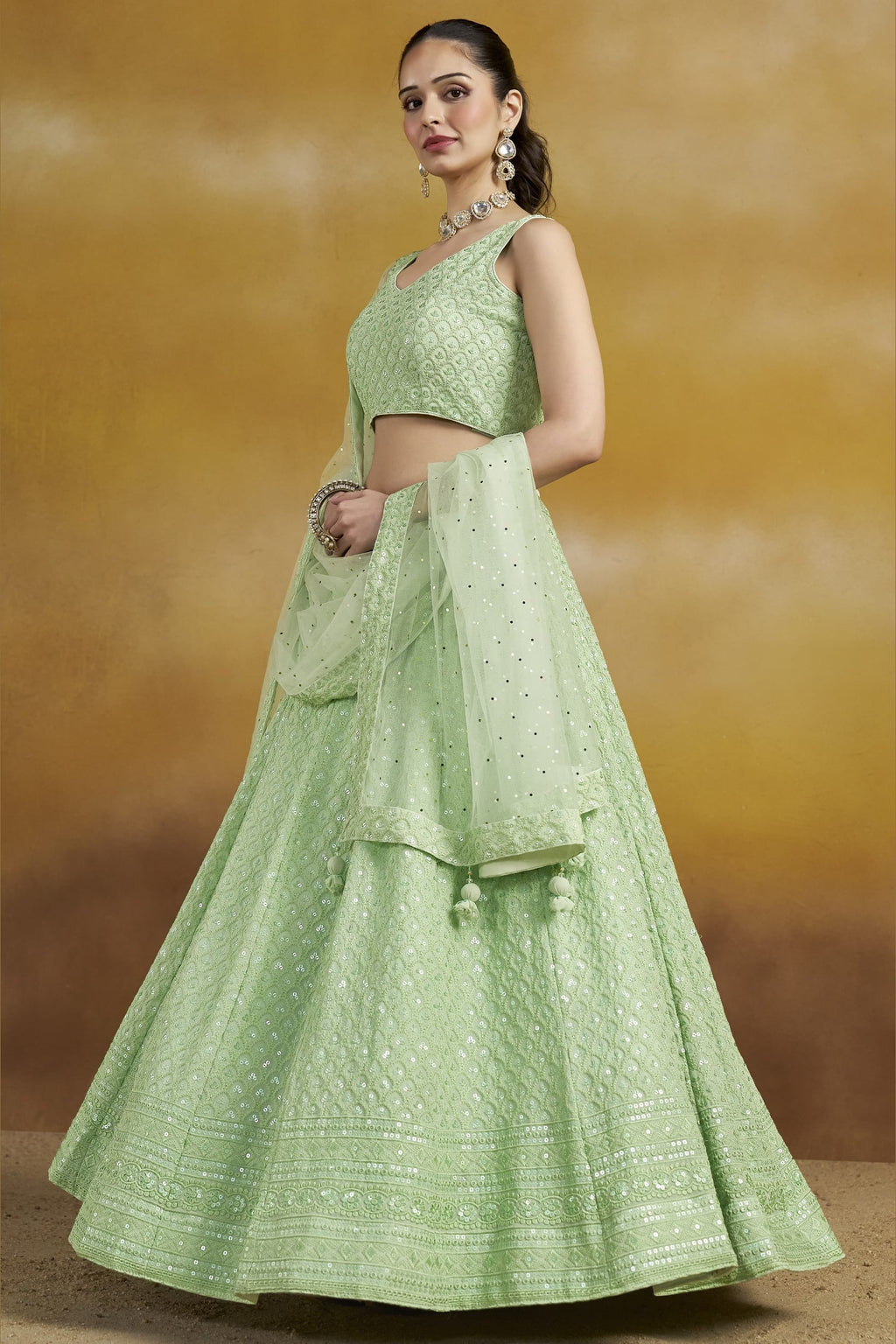 Mint Green Georgette Lehenga Choli For Indian & Pakistani Wedding Festival - Sequins & Thread Embroidery Work