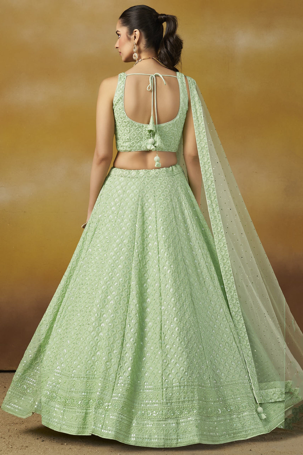 Mint Green Georgette Lehenga Choli For Indian & Pakistani Wedding Festival - Sequins & Thread Embroidery Work