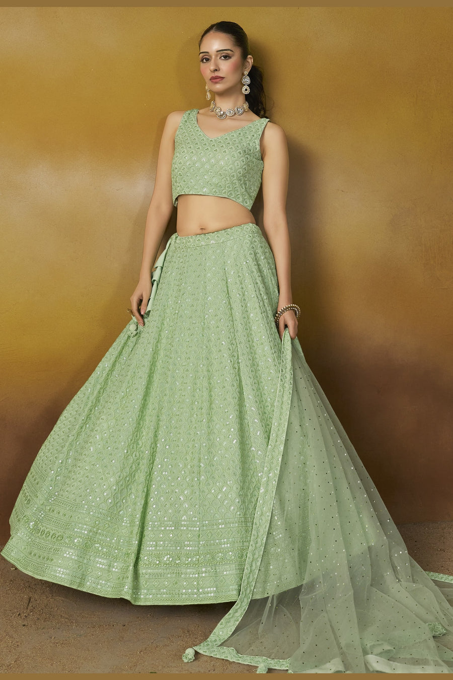 Mint Green Georgette Lehenga Choli For Indian & Pakistani Wedding Festival - Sequins & Thread Embroidery Work