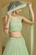 Mint Green Georgette Lehenga Choli For Indian & Pakistani Wedding Festival - Sequins & Thread Embroidery Work