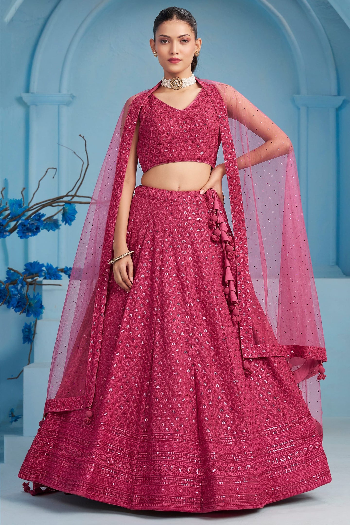 Pink Georgette Lehenga Choli For Indian & Pakistani Wedding Festival - Sequins & Thread Embroidery Work
