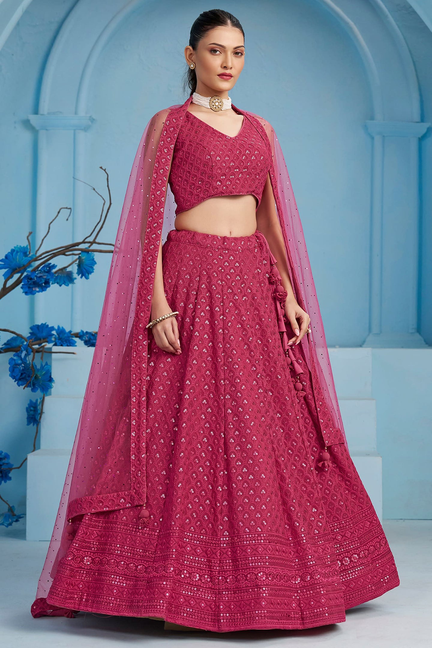 Pink Georgette Lehenga Choli For Indian & Pakistani Wedding Festival - Sequins & Thread Embroidery Work