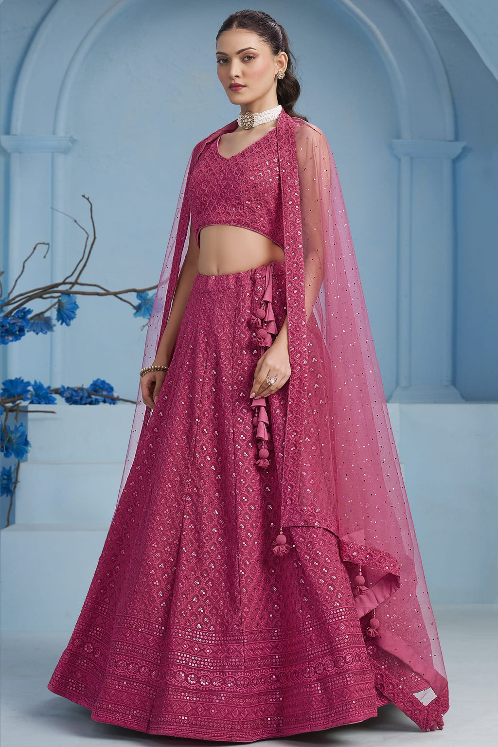 Pink Georgette Lehenga Choli For Indian & Pakistani Wedding Festival - Sequins & Thread Embroidery Work