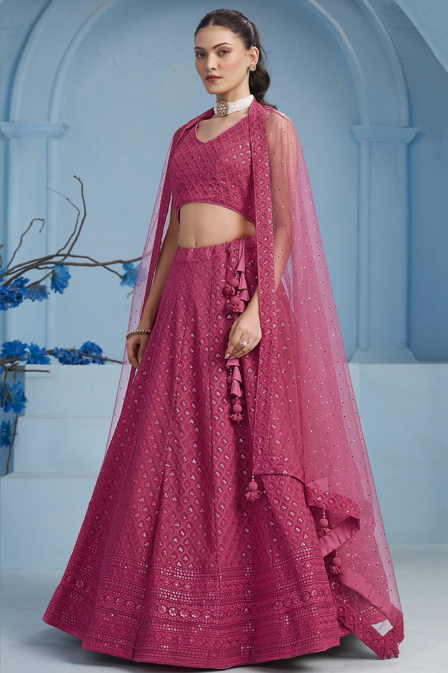 Pink Georgette Lehenga Choli For Indian & Pakistani Wedding Festival - Sequins & Thread Embroidery Work