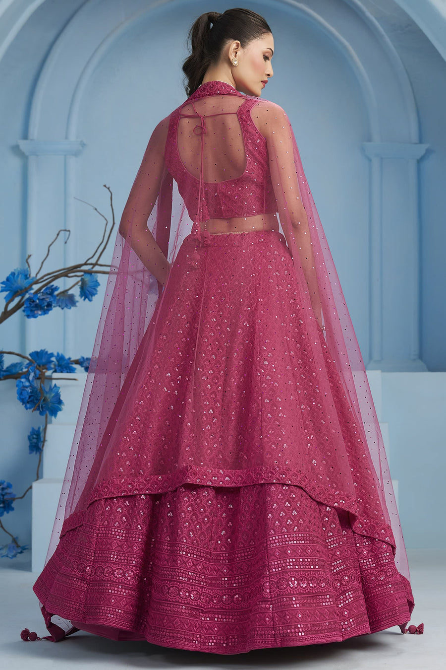 Pink Georgette Lehenga Choli For Indian & Pakistani Wedding Festival - Sequins & Thread Embroidery Work
