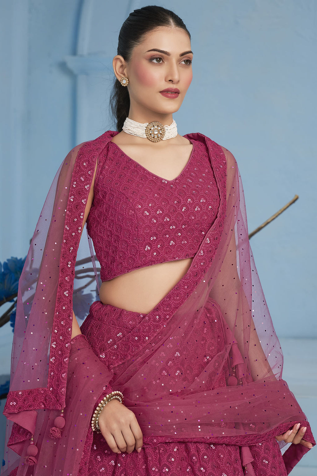 Pink Georgette Lehenga Choli For Indian & Pakistani Wedding Festival - Sequins & Thread Embroidery Work