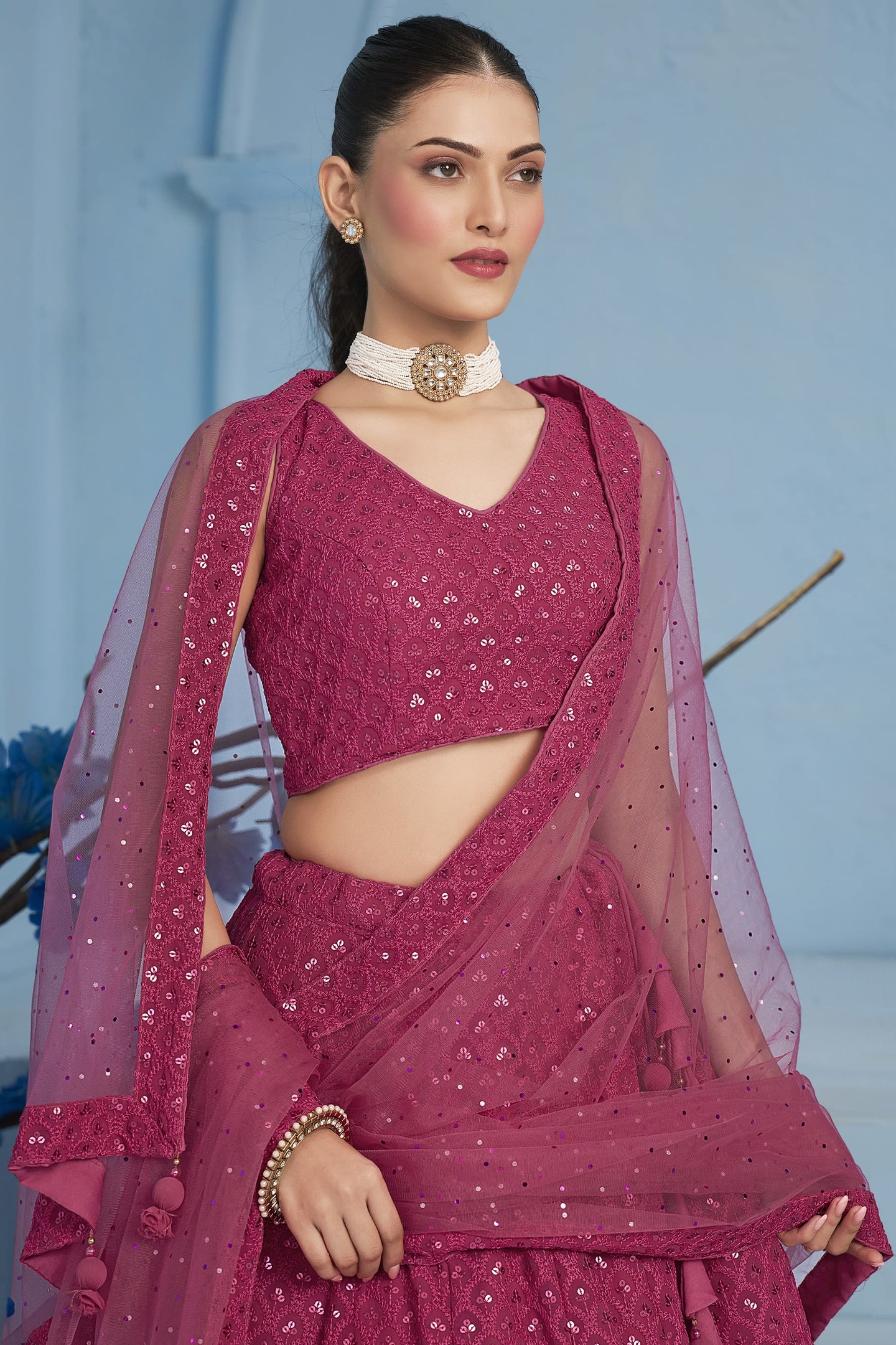 Pink Georgette Lehenga Choli For Indian & Pakistani Wedding Festival - Sequins & Thread Embroidery Work