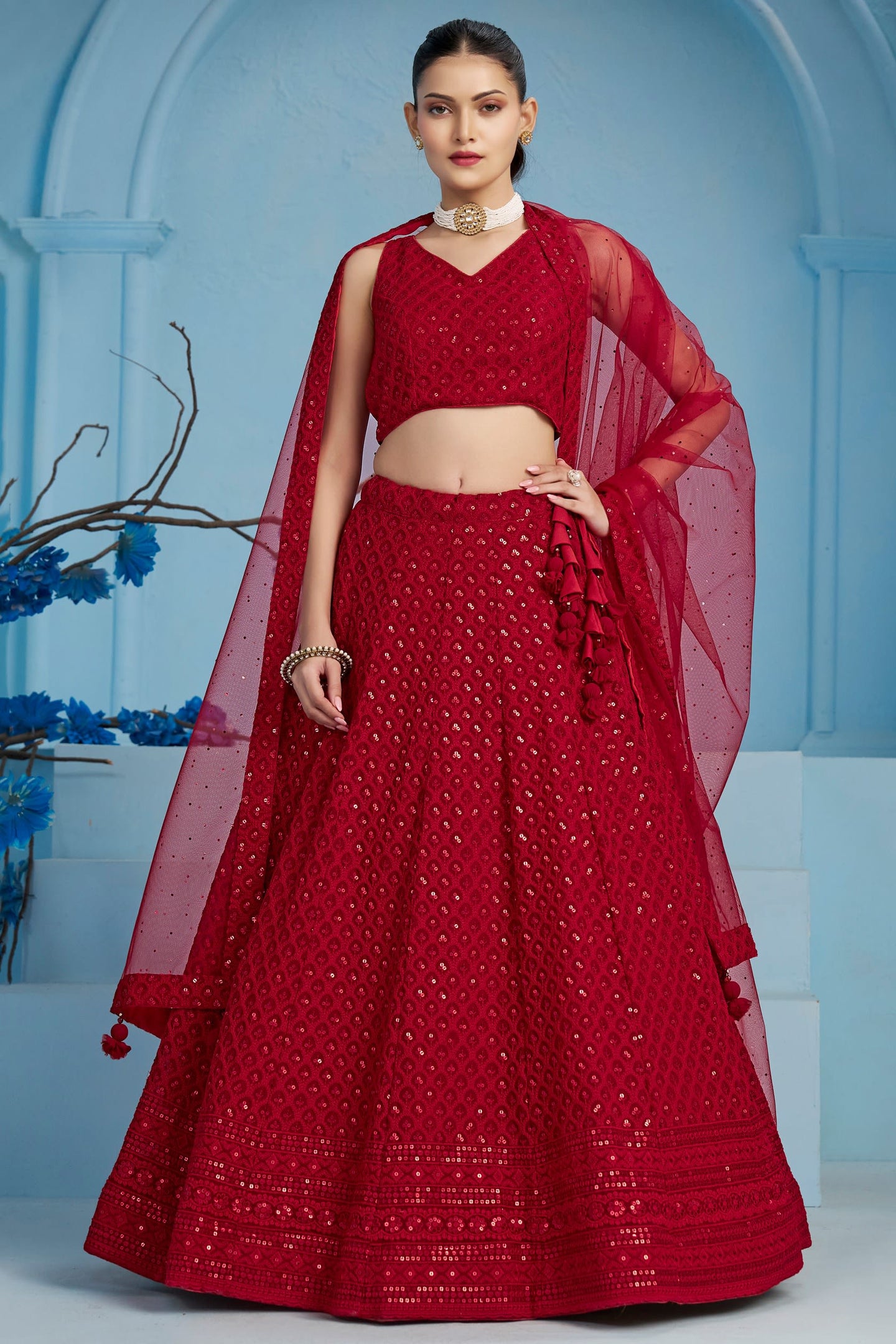 Red Georgette Lehenga Choli For Indian & Pakistani Wedding Festival - Sequins & Thread Embroidery Work
