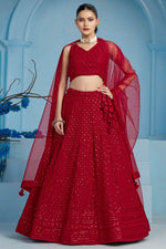 Red Georgette Lehenga Choli For Indian & Pakistani Wedding Festival - Sequins & Thread Embroidery Work
