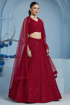 Red Georgette Lehenga Choli For Indian & Pakistani Wedding Festival - Sequins & Thread Embroidery Work