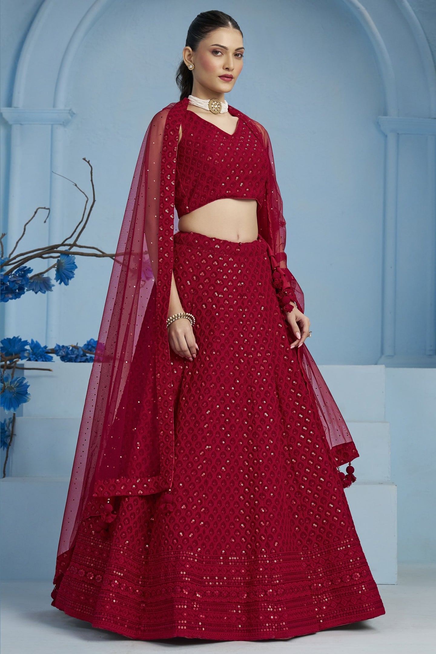 Red Georgette Lehenga Choli For Indian & Pakistani Wedding Festival - Sequins & Thread Embroidery Work