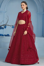 Red Georgette Lehenga Choli For Indian & Pakistani Wedding Festival - Sequins & Thread Embroidery Work