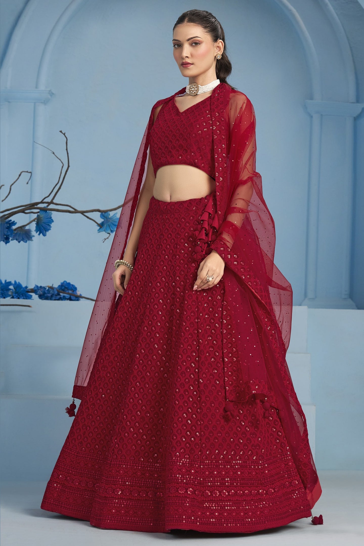 Red Georgette Lehenga Choli For Indian & Pakistani Wedding Festival - Sequins & Thread Embroidery Work