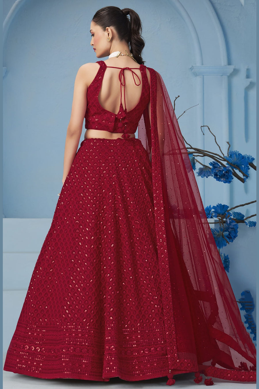 Red Georgette Lehenga Choli For Indian & Pakistani Wedding Festival - Sequins & Thread Embroidery Work
